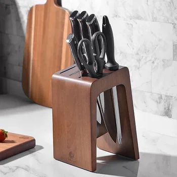 Поставка за ножове n-образна форма от каучуково дърво, 6 дупки, Държач за нож на главния готвач за рязане Сантоку, Поставка за съхранение на кухненски ножове, аксесоари за съхранение на ножове